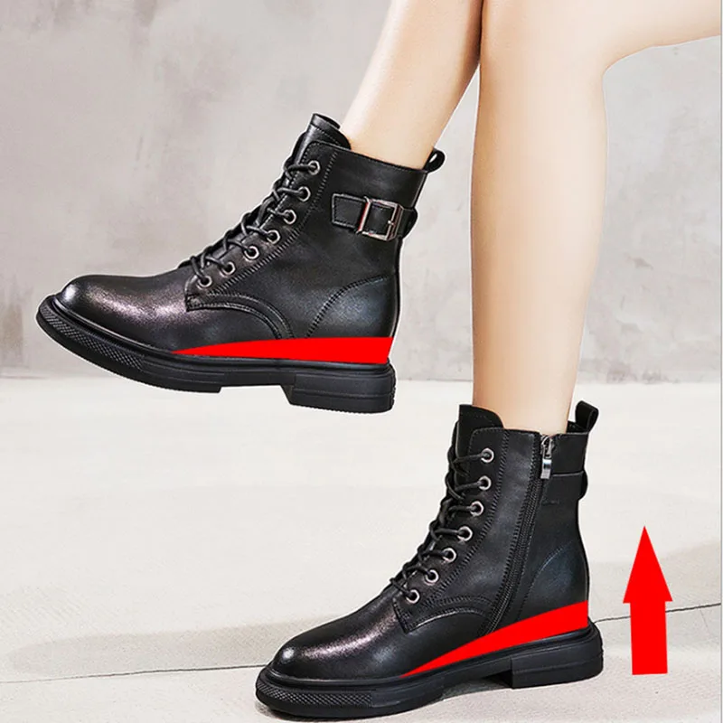 Women's increased Martin boots genuine leather autumn and winter women's boots casual flat bottomed boots plush short boots