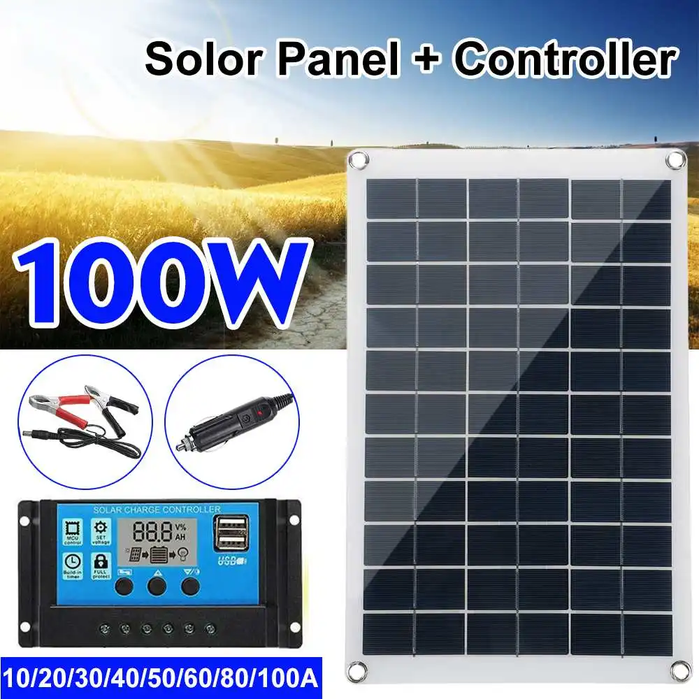 100w Solar Panel Kit Complete 12V USB With 10/20/30A Controller Solar Cells for Car Yacht RV Boat Moblie Phone Battery Charger