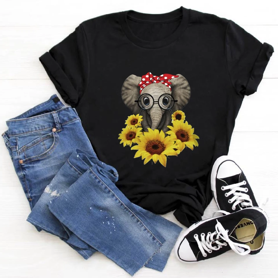 Новинка 2020 женская футболка с принтом слона и подсолнуха коротким рукавом