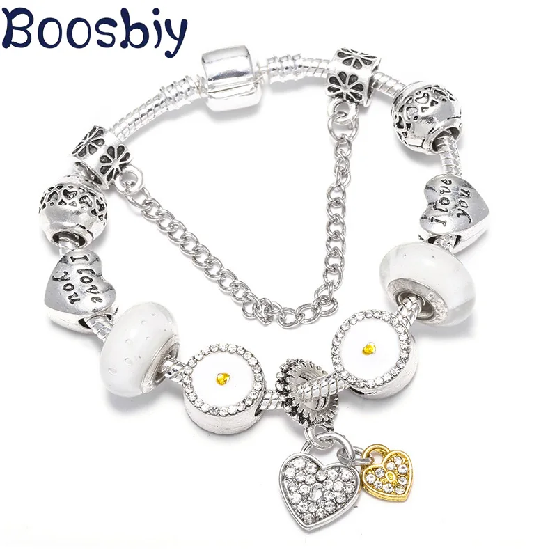 Boosbiy Dropshipping European Style Charm Bracelets For Women Heart Beads Fit Brand Bracelet Valentine's Day Romantic Gift | Украшения