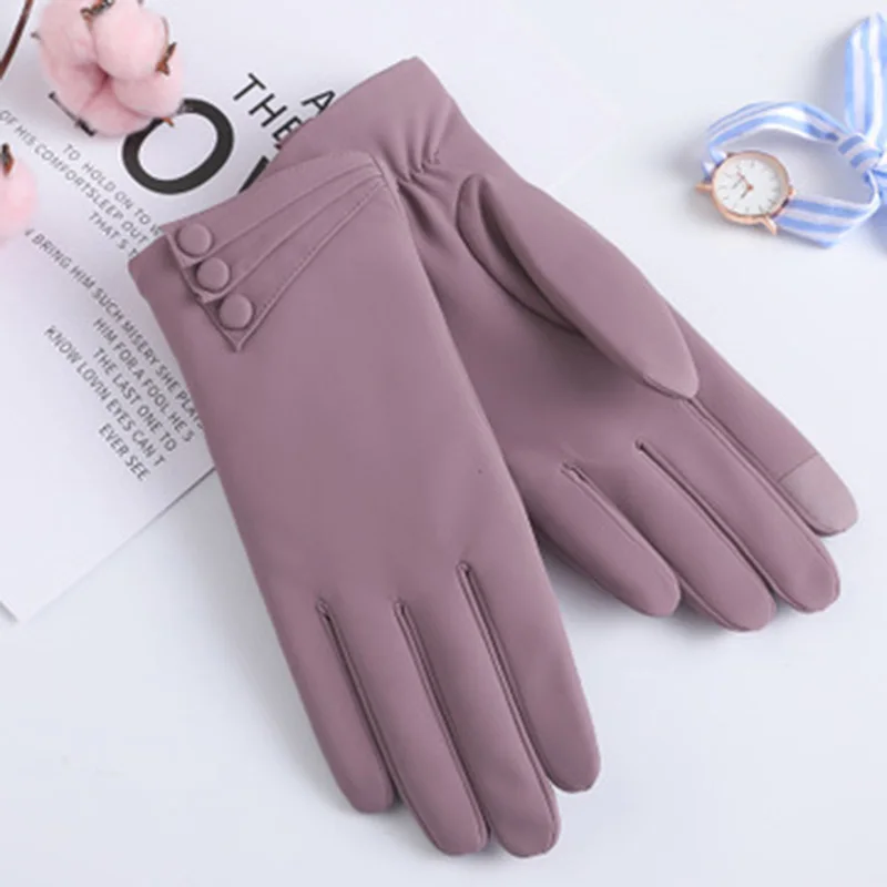 Зимние женские перчатки с бантом, женские зимние перчатки с сенсорным экраном, теплые перчатки, ветрозащитные замшевые Утепленные перчатки для езды на велосипеде, E74 - Цвет: E73 Purple