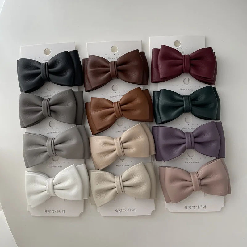 Women Girls Small Bowknot PU Leather Hair Barrette Sweet Double Layered Bow Duck Clip Multi Color Hair Clip Handmade Headwear