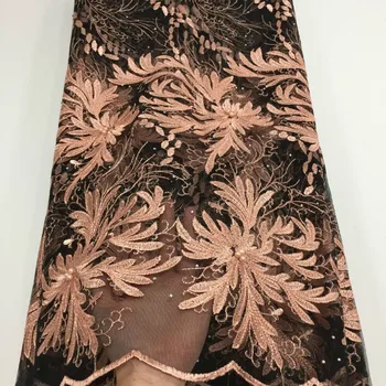 

African Net Sequins Lace Fabric 5Yards Latest Design Nigerian Laces 2019 French Tulle Lace Sequins Fabric For Sewing Dress