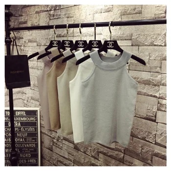 

Summer Women Slim Knitting Halter Camisole Tops Female Bodycon Knitted Tanks Sleeveless Basic Solid T shirts JJ004