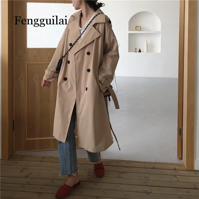 Женская двубортная ветровка в стиле ретро свободная куртка с отложным