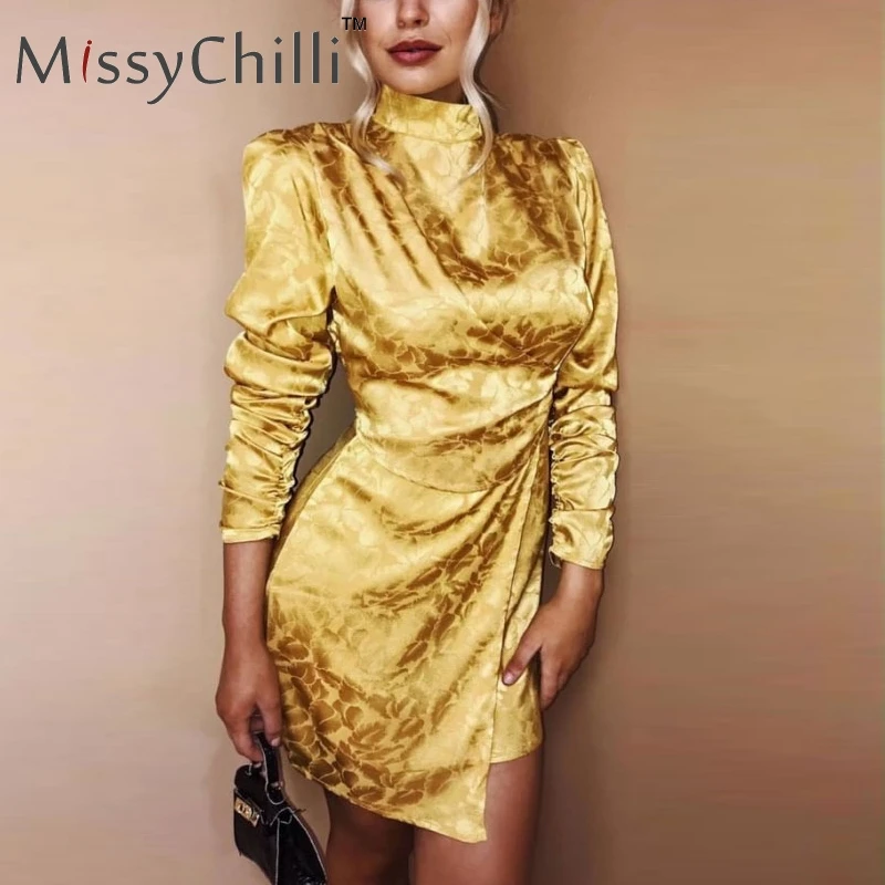 

MissyChilli Gold sexy long sleeve satin dress Women elegant mini short winter dress Autumn female party night club dress Vestido