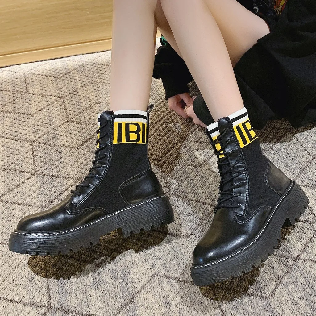 Женские модные носки на шнуровке ботинки средней высоты Крутые martin обувь плоской