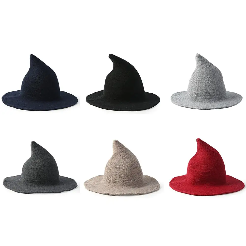 

New Witch Hat Knitted Soft Wool Christmas Decoration Hat Winter Warmer For Women Halloween Party Costume Solid Color Xmas Hat