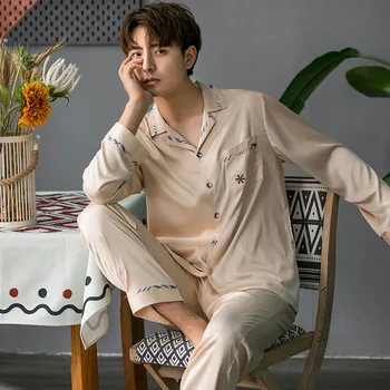 

Embroidery Men Satin Pajamas Set Sleep Set Casual Soft Silky Sleepwear 2PCS Nightwear Long Sleeve Male Shirt&pant Homewear 3XL