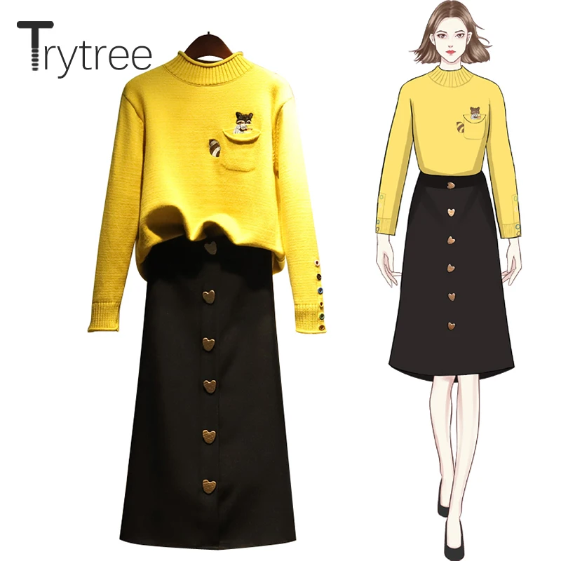 Trytree/осенне-зимний женский костюм из двух предметов, Повседневная водолазка, топы с карманами+ пуговица для юбки, офисный Женский комплект из 2 предметов, до середины икры