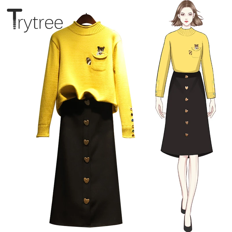 

Trytree Autumn Winter Women Two Piece Set Casual Turtleneck Cartoon Pockets Tops + Skirt Button Office Lady Mid-Calf 2 Piece Set