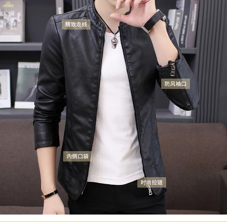 New Style MEN'S Leather Coat Korean-style Slim Fit Crew Neck PU Leather Jacket Motorcycle Jacket 918