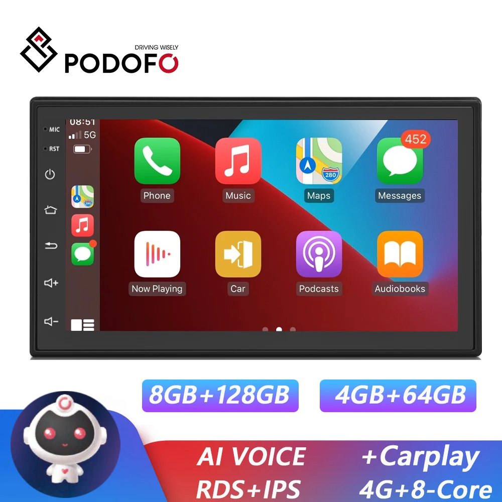Podofo Android 2Din Car Radio Apple CARPLAY Multimedia Bluetooth Stereo Player Auto radio 2din 4G WIFI 8ROM+128RAM For Toyota VW |