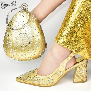 

Popular pointed toe sandal shoes and purse bag set with stones nice pumps with handbag 777-3 in gold,heel height 8.5cm