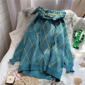 

With Hooded Sweaters for Mujer 2019 New Autumn Winter Medium-long Plaid Pullovers Top Loose Women Knitted Sweater Students
