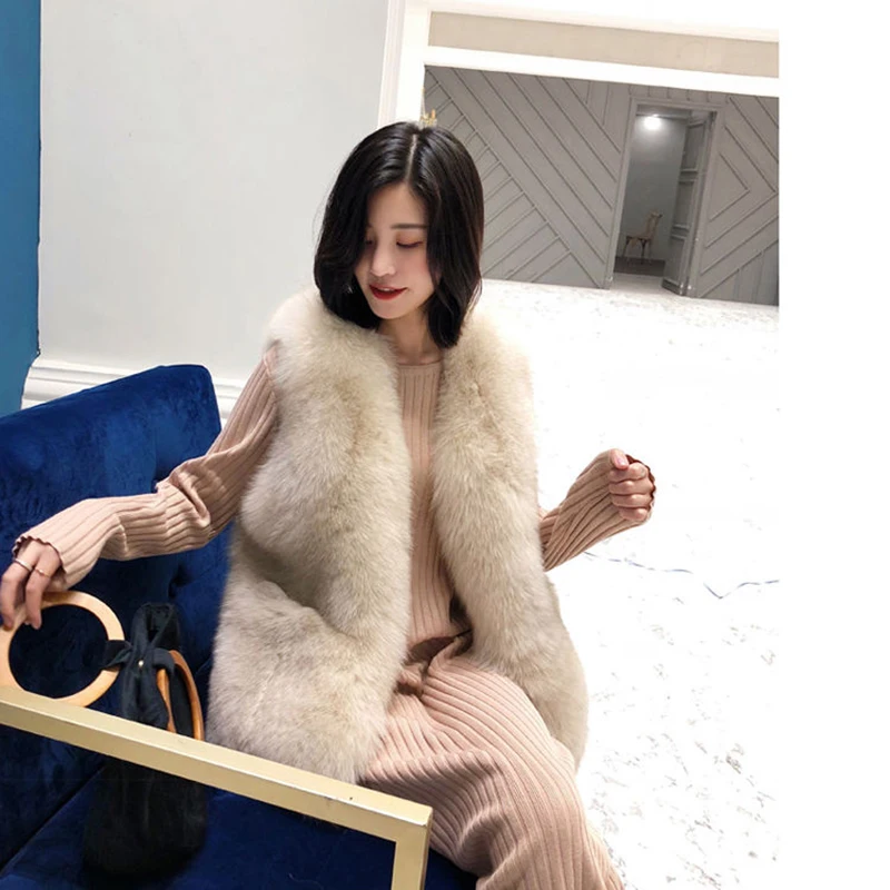 Faux Fur Coat Autumn Winter Women Fashion Casual Warm Slim Sleeveless Pockets Faux Fox Fur Vest Winter Jacket Women