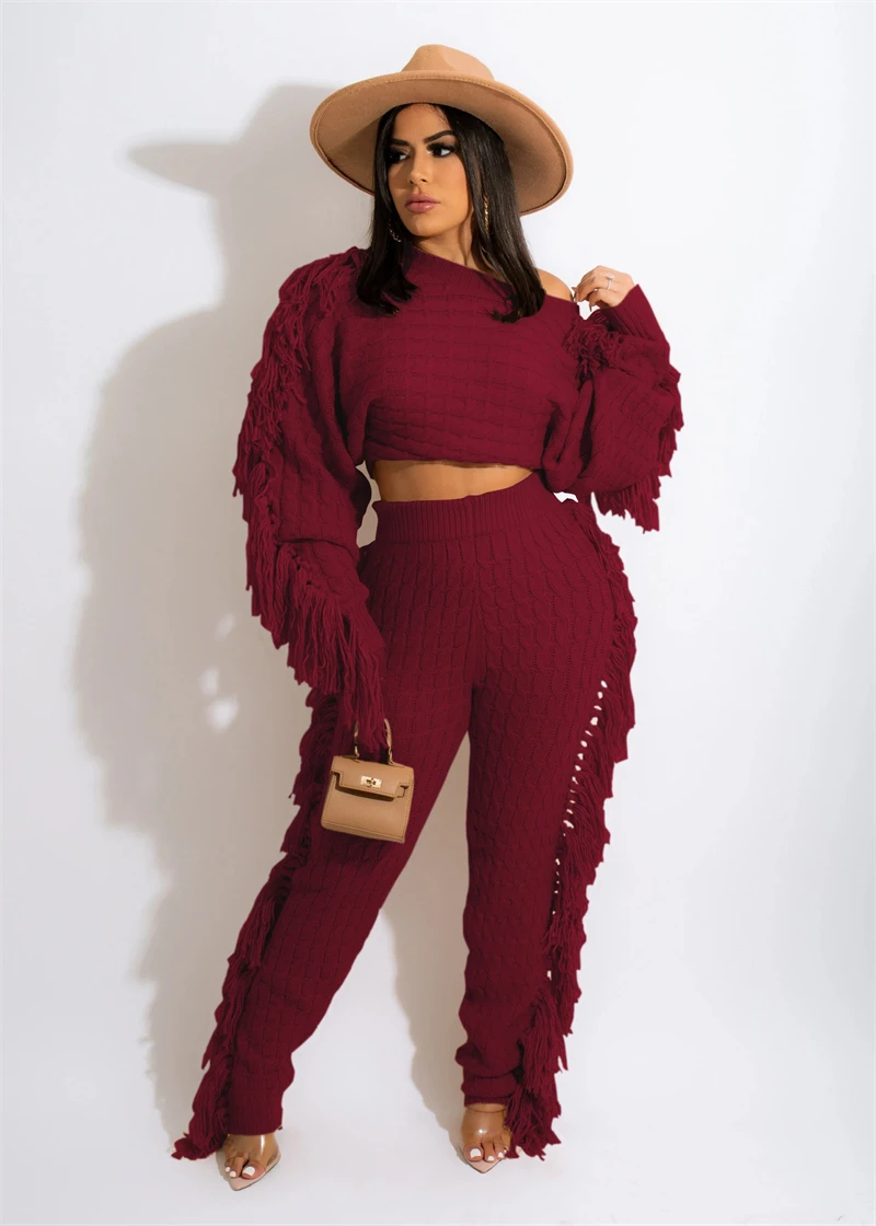Ronikasha New Woman Tassel Sweater Two Piece Set Solid Long Sleeve Crop Top + Pants Fashion Autumn Winter Suits Tracksuit Outfit red jogging suit