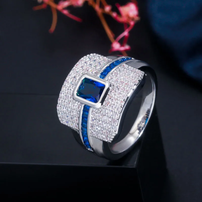 CWWZircons Роскошные великолепные квадратные огранки кубического циркония камни большие необычные женские обручальные кольца обручальные ювелирные изделия для женщин R146 - Цвет основного камня: Silver Blue