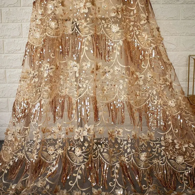 slim fit dress slacks Gold Lace Fabric _ Embroidered Floral Flowers Lace on Mesh Fabric main image 1