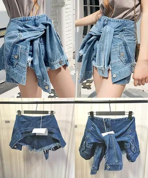 

AAW112 Women High Waist Frayed Denim Shorts Women's Personalized Splicing Sleeve Fake Two Casual Pants A2