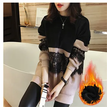 

2019 Winter New Arrival Women Plus Velvet Sweatshirt Hoodies Long Sleeve Round Neck Lace Loose Fashion Pullover Top Clothes D482