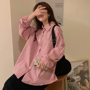 

Red Plaid Blouse Women Loose Oversized Shirts Spring Vintage Harajuku Boyfriend Tops Turn Down Collar Casual Cotton Outwear W388