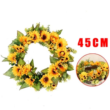 

1pc High-grade Silk 45cm Artificial Sunflower Wreath Flower Leaf Garland Wall Door Wedding Home Decor
