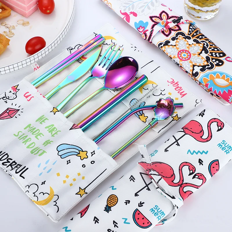 

304 Stainless Steel Knife and Spoon Fork Chopsticks Creative Portable Outdoor Tableware Straw Flower Spoon 9pcs dinnerware set