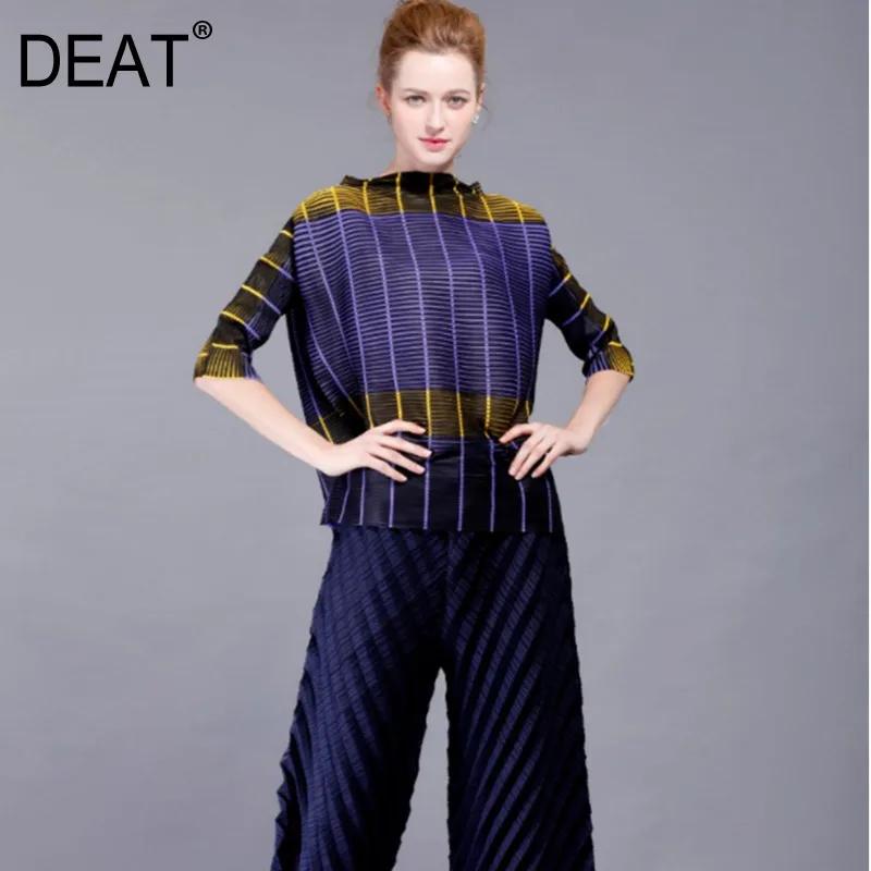 

[DEAT] 2019 Summer New Pattern High Street Style Half Sleeve Striped Trend Contrast Color Pattern Stand Collar T-shirt AI269