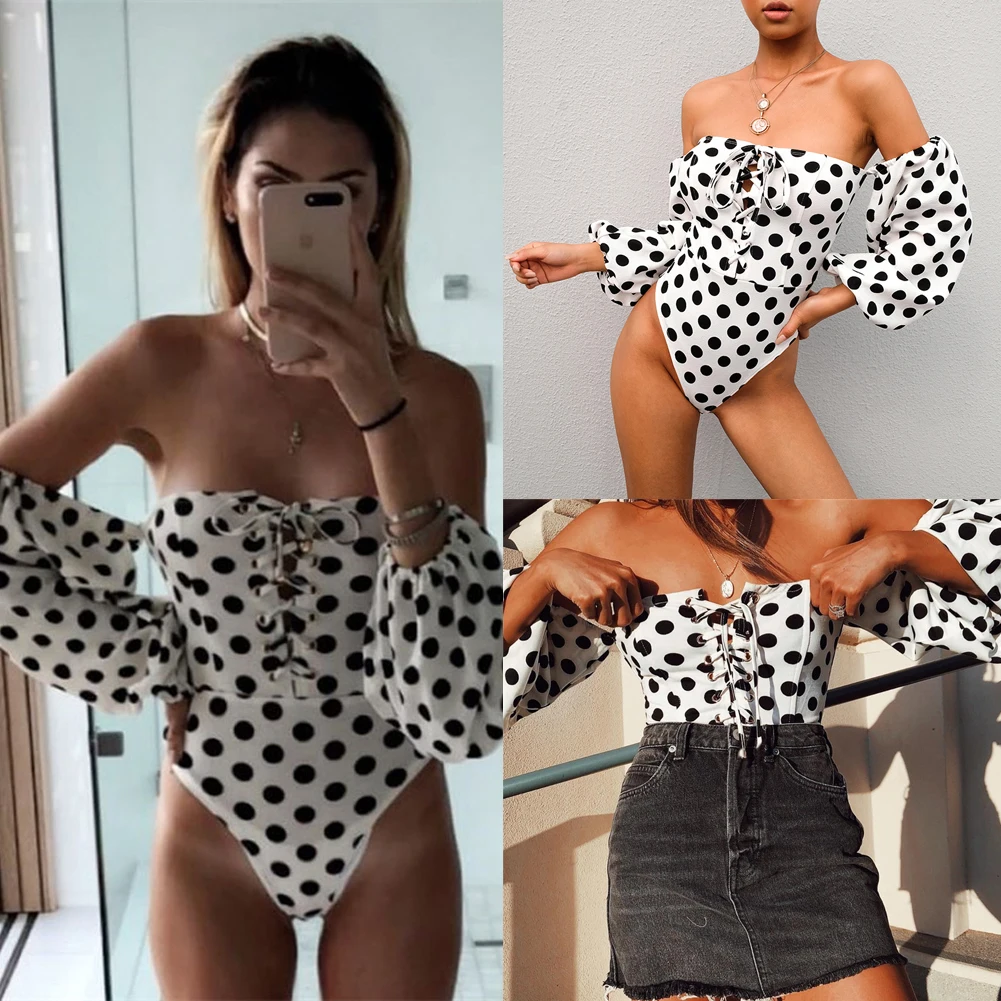 Ladies Womens Off Shoulder Romper Jumpsuit Long Sleeve Body Top Polka Dot Plain Stretch Bardot Bodysuit Leotard Tops