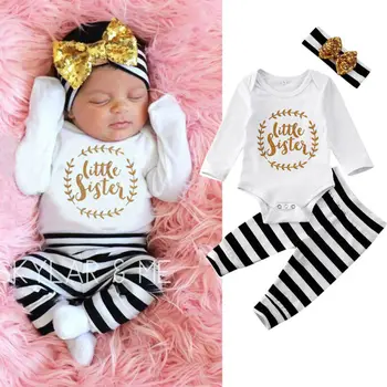 

3PCS Cute Newborn Boy Baby Girl Outfit Clothes Tops Romper Long Pants Headband Autumn Sequin Letter Bodysuit Striped Trouser Set