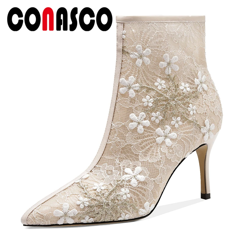 

CONASCO 2020 New Fashion Women Cow Patent Leather Summer Ankle Boots Embroider Flowers Mesh Pointed Toe Side Zipper Boots Woman