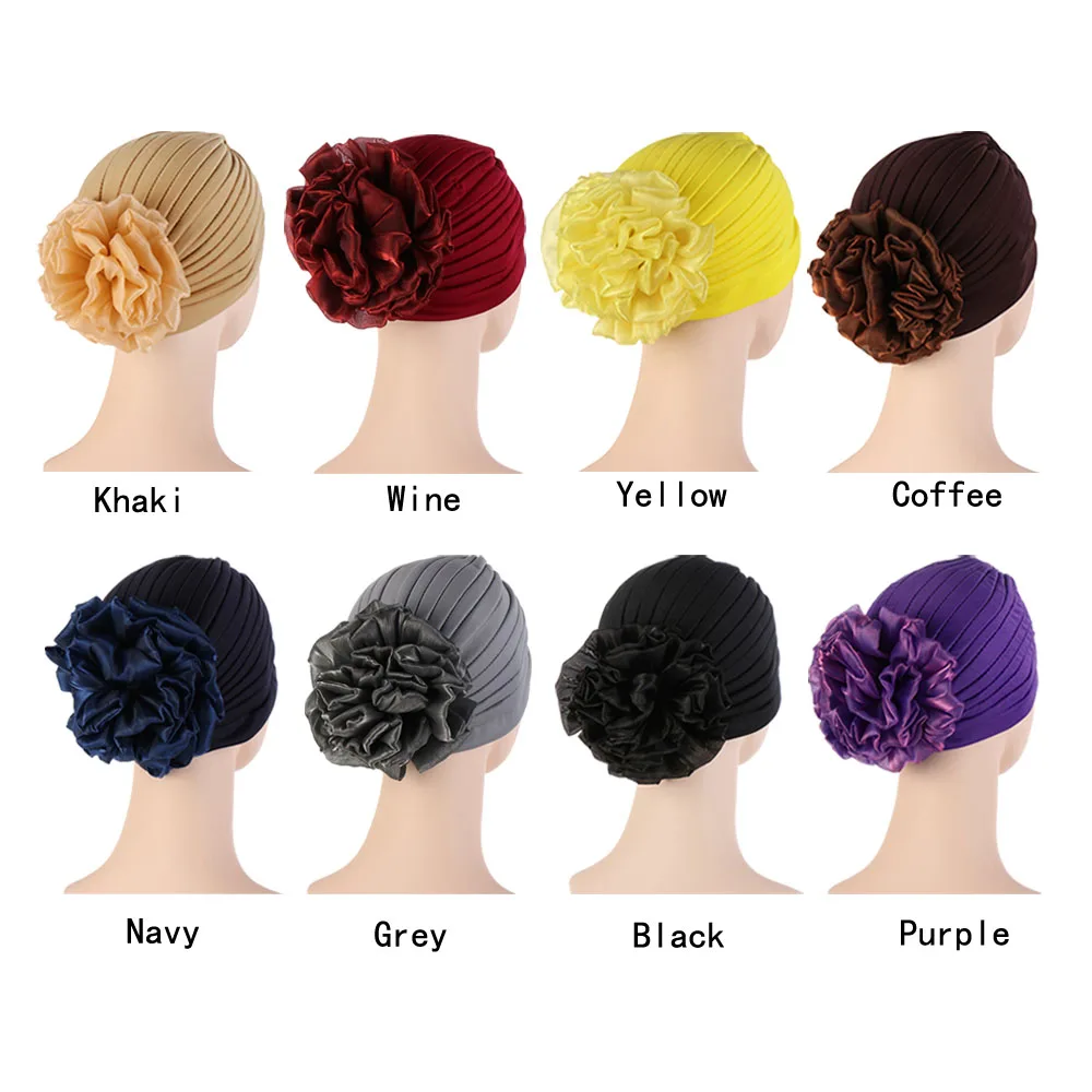 Woman Big Flower Turban Accessories Elastic Cloth Bands Hat Chemo Beanie Ladies Muslim Solid Hair Loss Scarf Cap