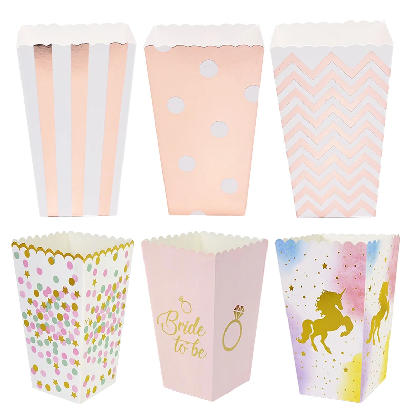 6/12pcs Gold Rose Paper Popcorn Unicorn Party Candy Cookies Boxes Wedding Decor Gift Bags Baby Shower Birthday Party Supplies