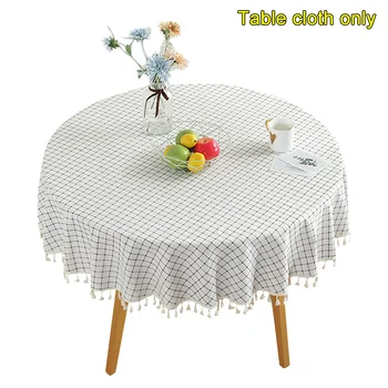 

Protective Cover Oilproof Soft Wedding Dustproof Home Decoration Kitchen White Grid With Tassel Round Tablecloth Birthday Party