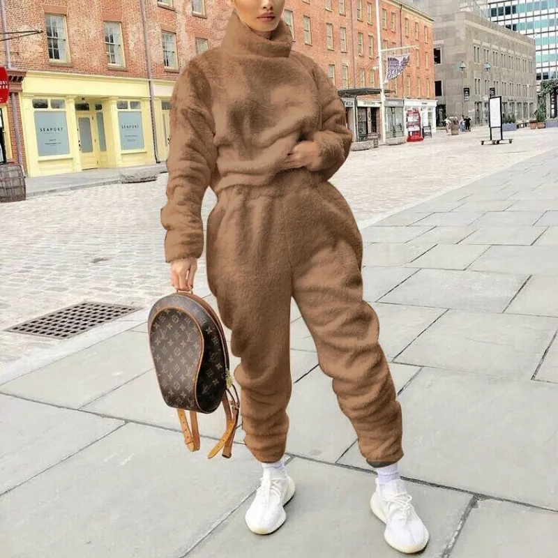 

Women 2 Two Piece Outfits Turtleneck Full Sleeve Tops and Pants Set Fashion Loose Solid Wihte Plush Winter Streetwear Lounge Set