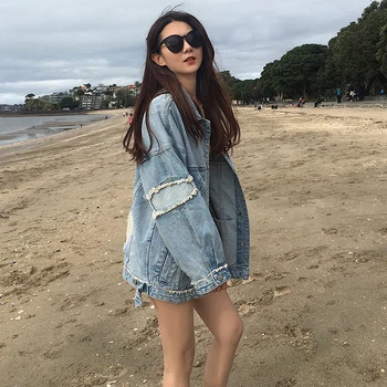 

Women Spring And Autumn Fashion Brand Korea Style Vintage Hole Denim Blue Jacket Female Casual Cardigan Coat Loose Outerwear