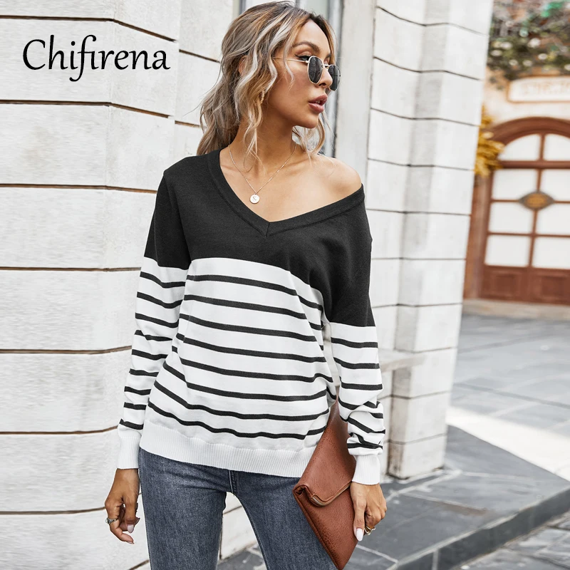 

Chifirena Stripe Autumn Sweater Women Pullover v-neck Warm Jumper Loose Winter Fashion Casual Knit Woman Sweater Oversize Black