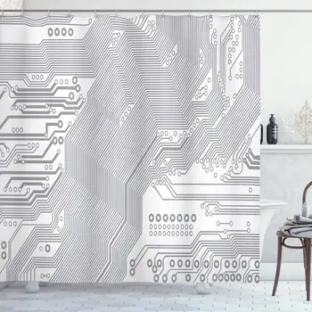 

Digital Shower Curtain by, Computer Motherboard Electronic Hardware Technical Display Futuristic Plan Design, Fabric Bathroom