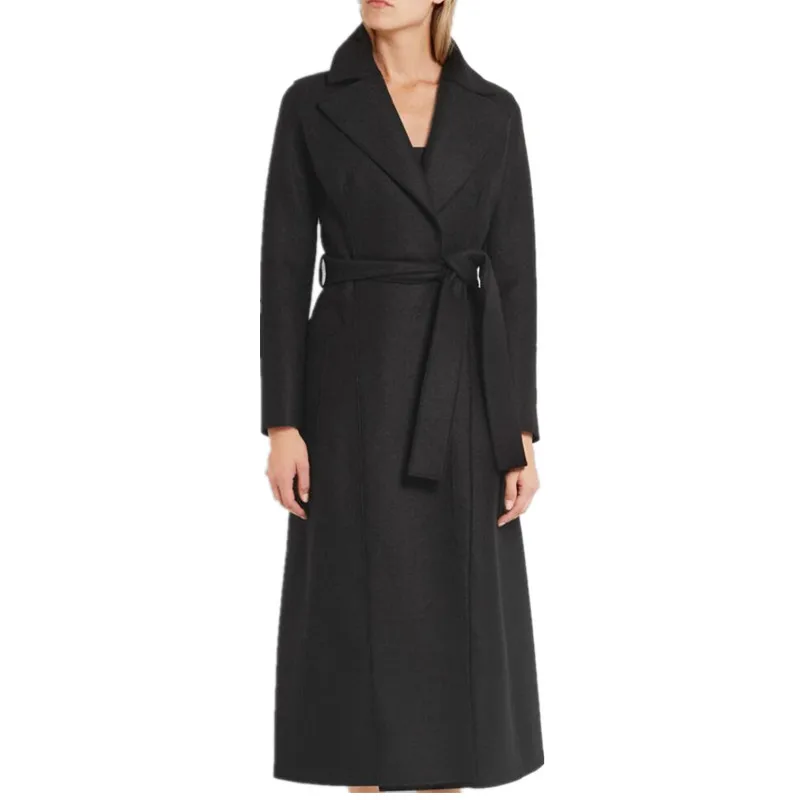 Nieuwe Mode 2019 herfst Winter Zwart Eenvoudige Wol Maxi lange Jas Vrouwen Notched Revers Gewaad Overjas Nieuwe Mode 2019 herfst Winter Zwart Eenvoudige Wol Maxi lange Jas Vrouwen Notched Revers Gewaad Overjas