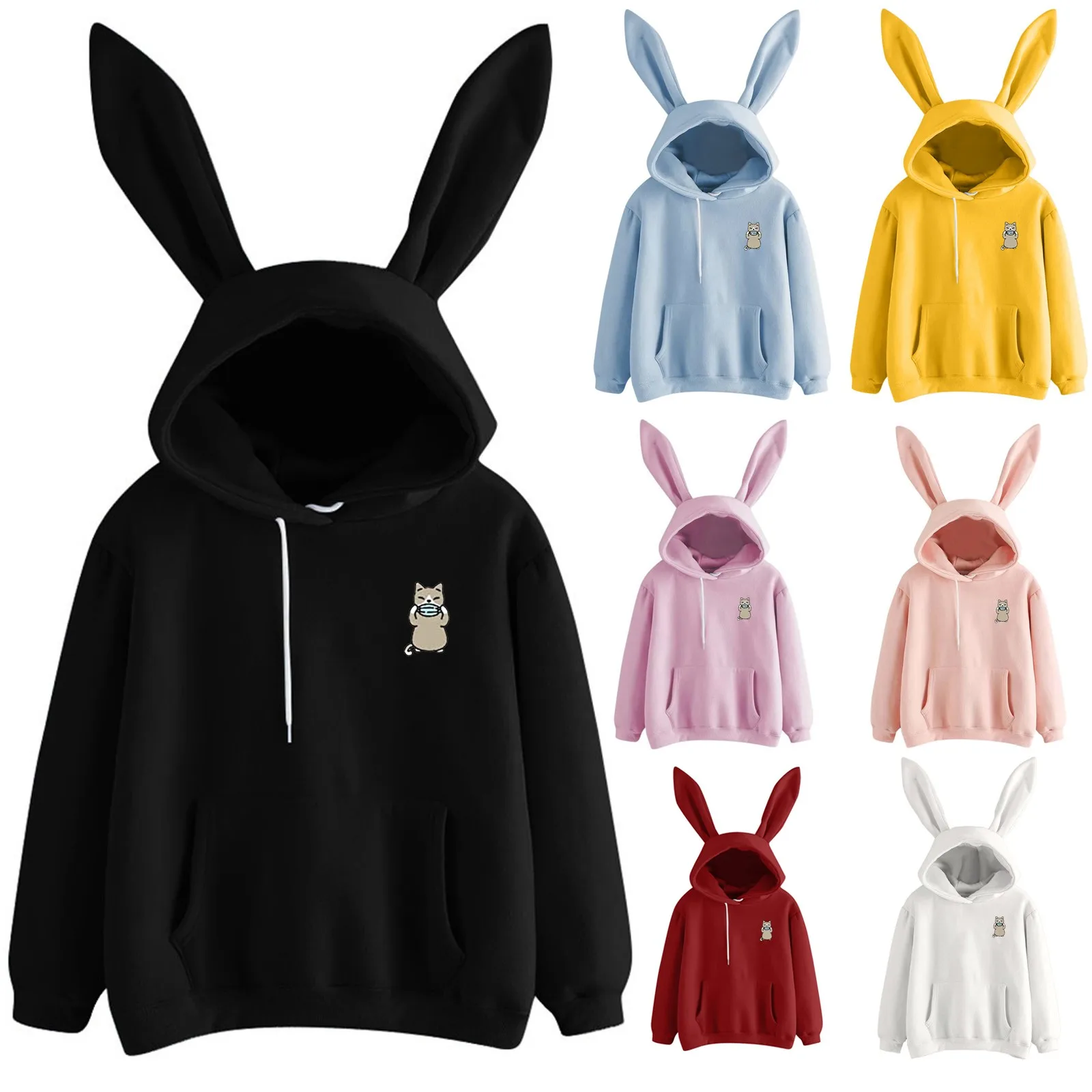 #40 casuales de las mujeres Sudadera con capucha boquilla gato de manga larga de Color sólido Sudadera con capucha y orejas de conejo superior Sudadera Mujer Топ