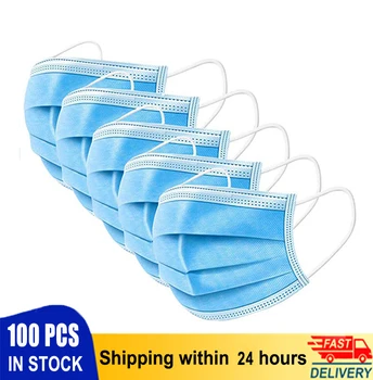 

50Pcs/100pcs Mask Disposable Nonwove 3 Layer Ply Filter Mask Mouth Face Mask Safe Breathable Dustproof Protective Masks In Stock