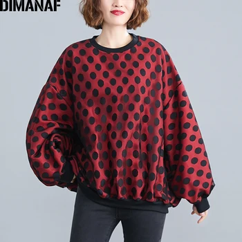 

DIMANAF Plus Size Women Hoodies Sweatshirts Female Clothing Lady Tops Pullovers Cotton Mesh Polka Dot Long Sleeve Loose Oversize