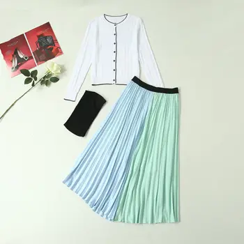 

Autumn 2019 new European and American women's wear single-breasted sweater with long sleeves and round neck Pleated skirt suit