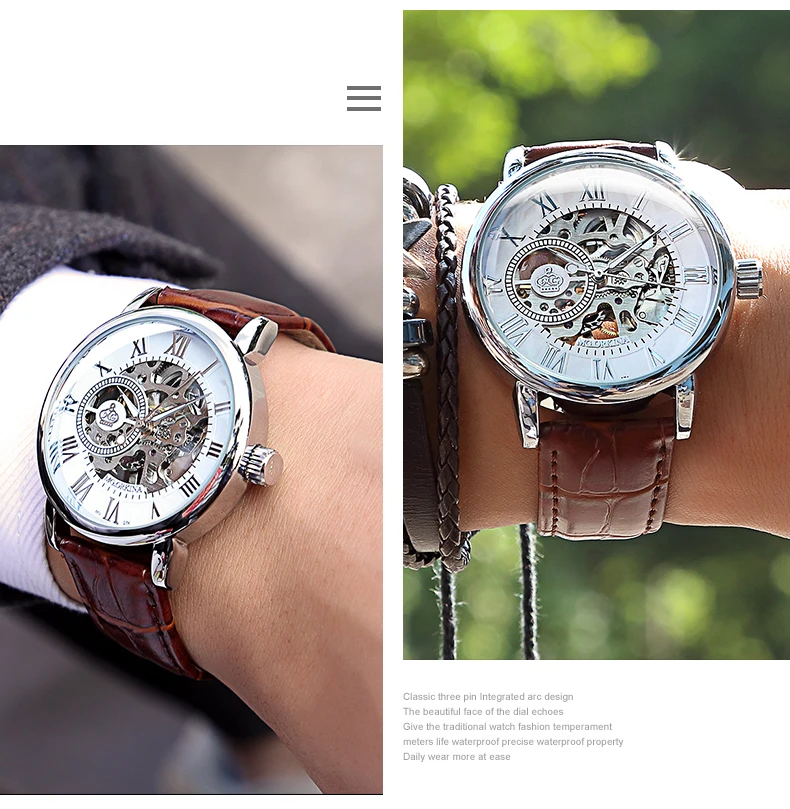 Новинка, брендовые MG ORKINA часы, мужские часы с кожаным ремешком, механические наручные часы с серебряным каркасом, прозрачный полый дизайн