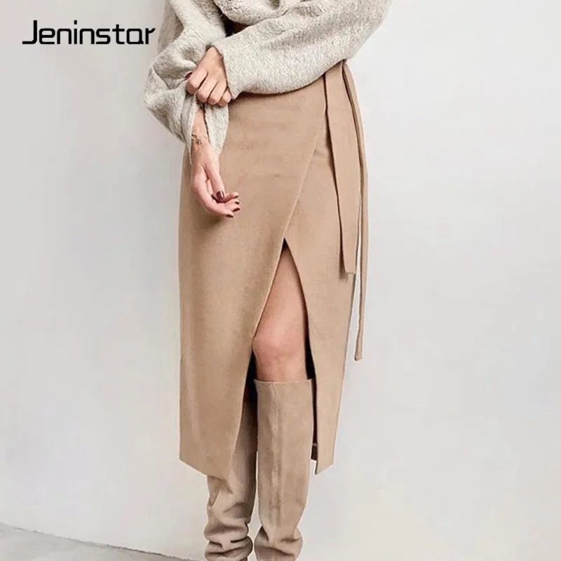 Jeninstar/женские юбки из замши с высокой талией, повседневные несимметричные официальные женские юбки, осенне-зимние юбки с разрезом