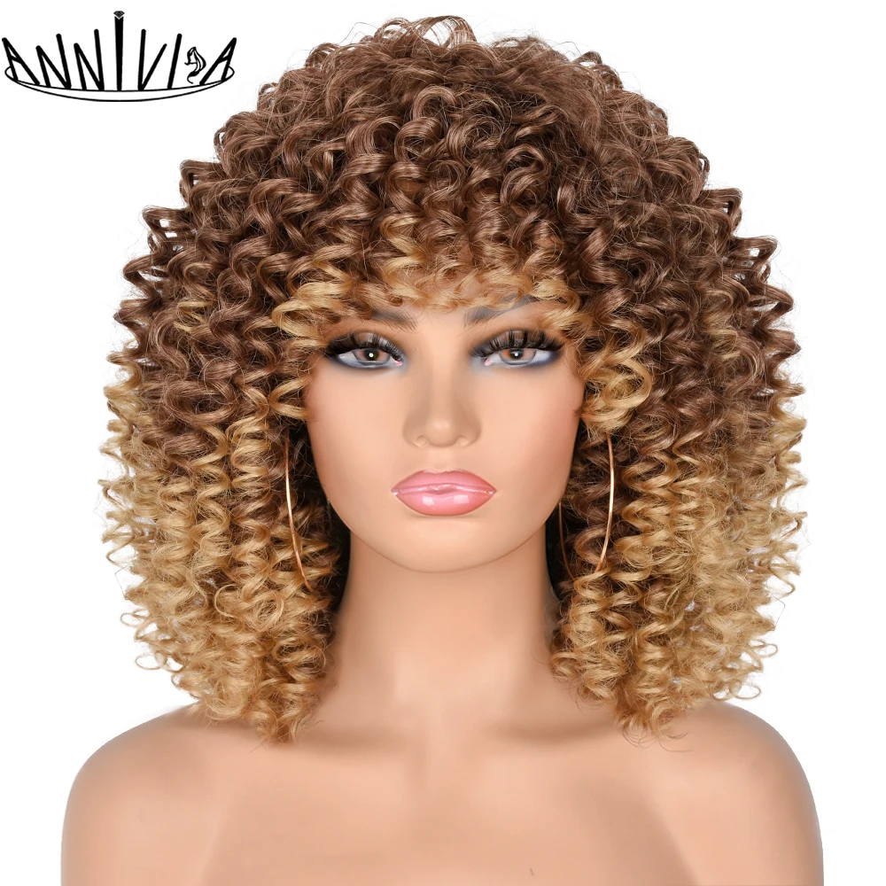 Short Afro Kinky Curly Wigs With Bangs For Black Women African Synthetic Ombre Glueless Wigs Heat Resistan Natural Hair Annivia