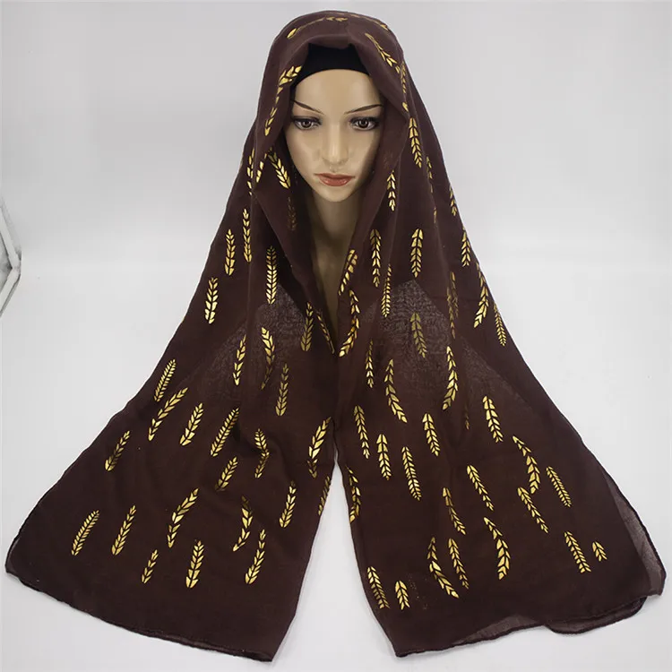 New Shiny Women scarf Leaves Gold Foil Scarf Wrap Lady Cotton pashmina femme gift