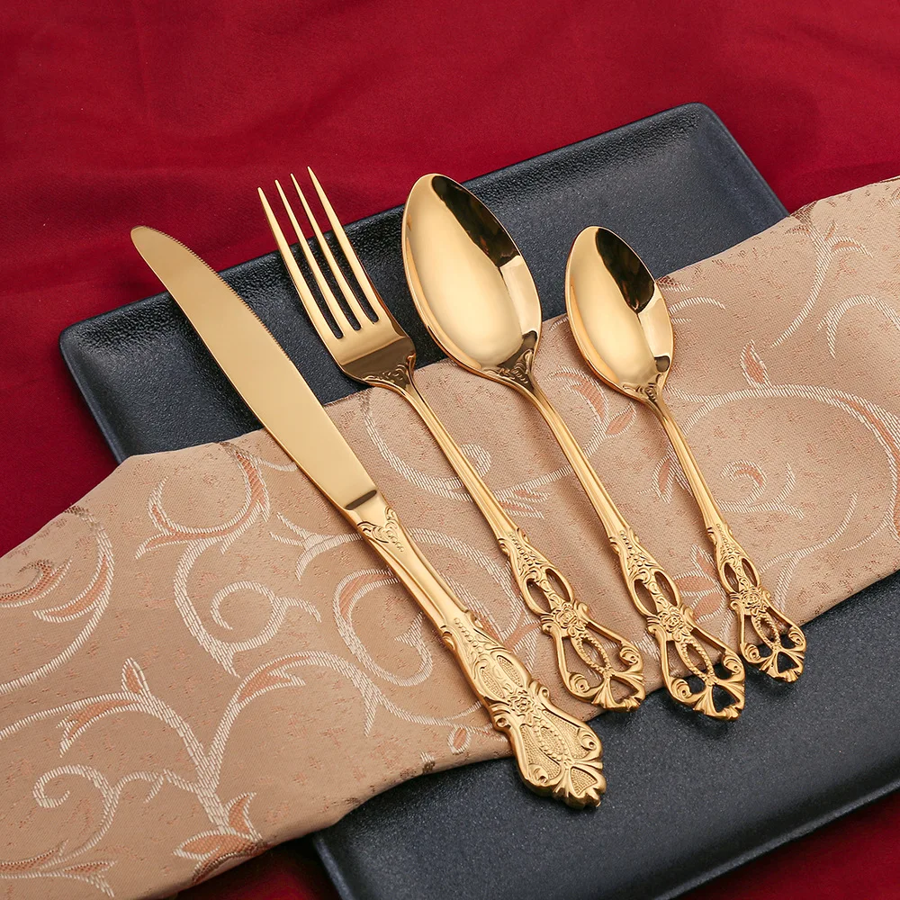 Compra 24 unids/lote vajilla de oro cubiertos tenedor 304 cuchara de acero inoxidable real cubiertos tenedores cuchillos, cucharas de la cocina de la cuchara wxQKMm9dXNn