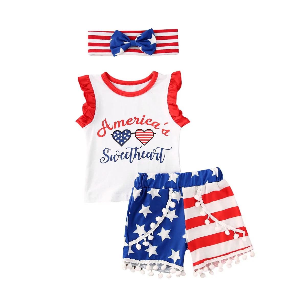 Infant Baby Girls Independence Day Outfits America Ruffle Sleeveless Tank Top + Star Stripe Short Pant Headband 3 Pcs Sets | Мать и